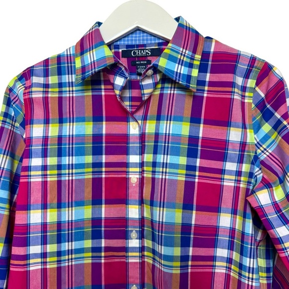 Chaps Womens Plaid Button Down Shirt Multi Color Red Blue 3/4 Sleeve Sz Petite M - Picture 2 of 12